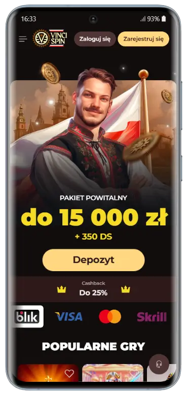 Strona główna kasyna VinciSpin na telefonie z postacią polskiego szlachcica, bonusem powitalnym do 15 000 zł i 350 darmowych spinów oraz metodami płatności BLIK, Visa, Mastercard i Skrill