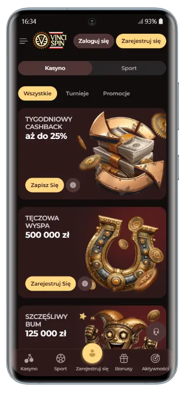 Sekcja promocji w aplikacji VinciSpin z ofertami: tygodniowy cashback do 25%, turniej Tęczowa Wyspa z pulą 500 000 zł oraz Szczęśliwy Bum z pulą 125 000 zł