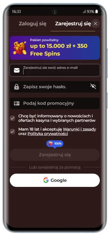 Formularz rejestracji w VinciSpin z polami na adres e-mail, hasło i kod promocyjny, banerem powitalnym up to 15 000 zł i 350 Free Spins oraz opcją rejestracji przez Google