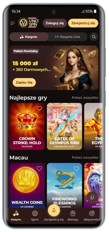 Ekran główny aplikacji mobilnej VinciSpin z pakietem powitalnym 15 000 zł i 350 darmowych spinów oraz sekcją najlepszych gier: Crown Strike Hold, Gates of Olympus 1000